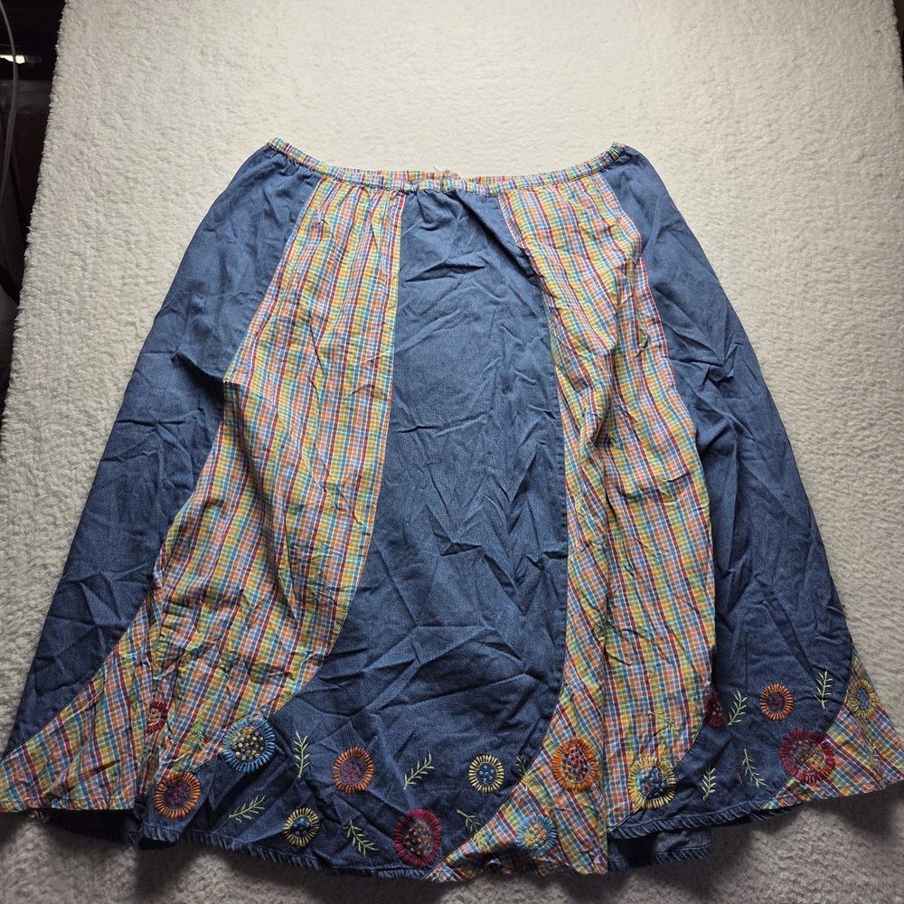 Liz & Me Skirt Womens Plus 3X Blue Plaid Denim Maxi Elastic Waist Boho Casual